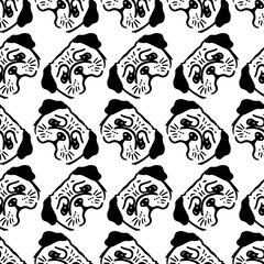 Seamless vector pattern with cute draw fluffy pug dogs and dog food., paws. Simple doodle style. Black and white