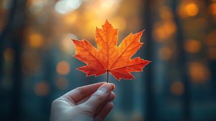 A hand holding a bright red maple leaf with the autumn forest in the background, softly blurred to highlight the leaf's vibrant color. The light filters through the trees, casting a warm glow,