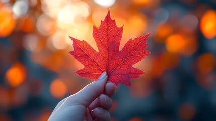 A hand holding a single red maple leaf against a background of softly blurred fall foliage. The warm afternoon light illuminates the scene, highlighting the vibrant colors and details of the leaf,