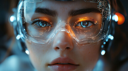 Futuristic Woman with Holographic Goggles and Glowing Eyes