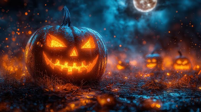 Spooky Halloween Night: Jack-o-Lanterns in Moonlit Pumpkin Patch with Eerie Mist - Seasonal Scarecrow Scene - Powered by Adobe