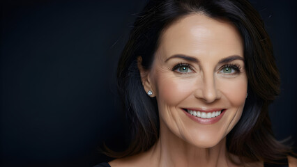 Naklejka premium Closeup portrait of beautiful smiling middle aged woman with long dark hair.