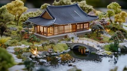 Naklejka premium A scale model home with a small pond and a traditional Korean bridge