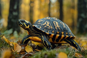 Obraz premium A Yellow-Marked Turtle Walking on Fallen Leaves in a Forest