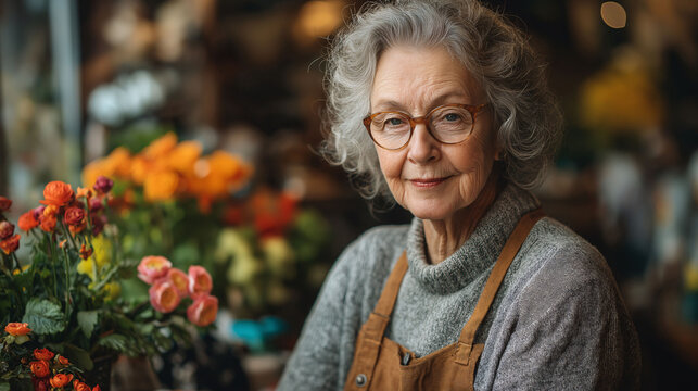 Portrait of a smiling elderly woman in a flower shop