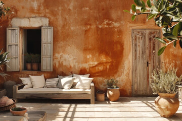 Boho chic patio with rustic charm, aged terracotta wall, cozy wooden furniture