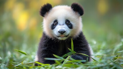 Fototapeta premium A cute panda sitting and eating bamboo