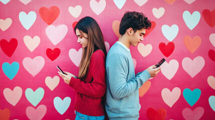 Portrait of a young couple with mobile phones talking online on a background with hearts. Celebrating Valentine's Day.