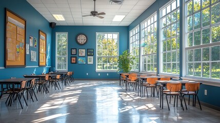 Serene Classroom Environment with Natural Light: Students Engaged in Learning with Teacher Assistance