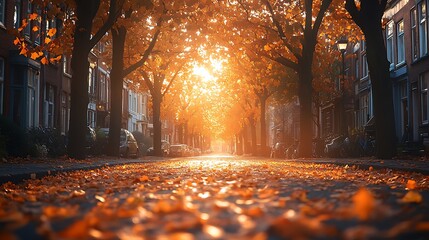 A quaint street in autumn, with trees arching over the road, their leaves scattered on the pavement. The warm light of the setting sun filters through the branches,