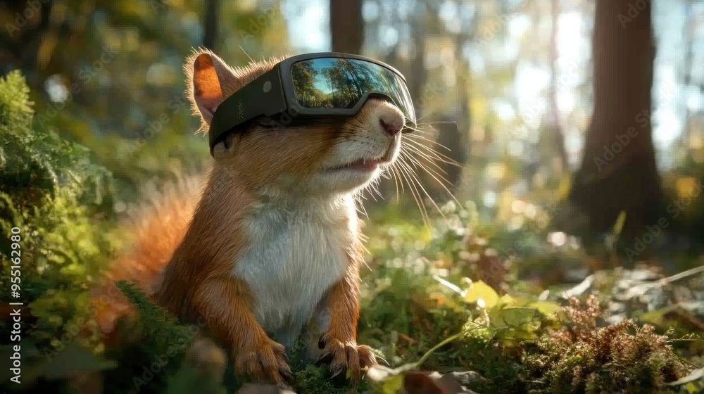 Sticker Squirrel in Goggles, a Curious Gaze in the Forest