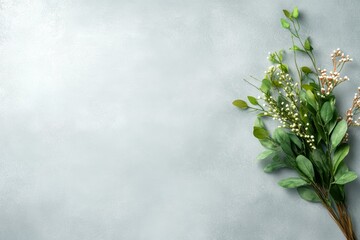 Fototapeta premium A minimalistic floral arrangement with delicate green leaves and white buds against a light gray background, perfect for use in design projects, invitations, social media posts, and web design,