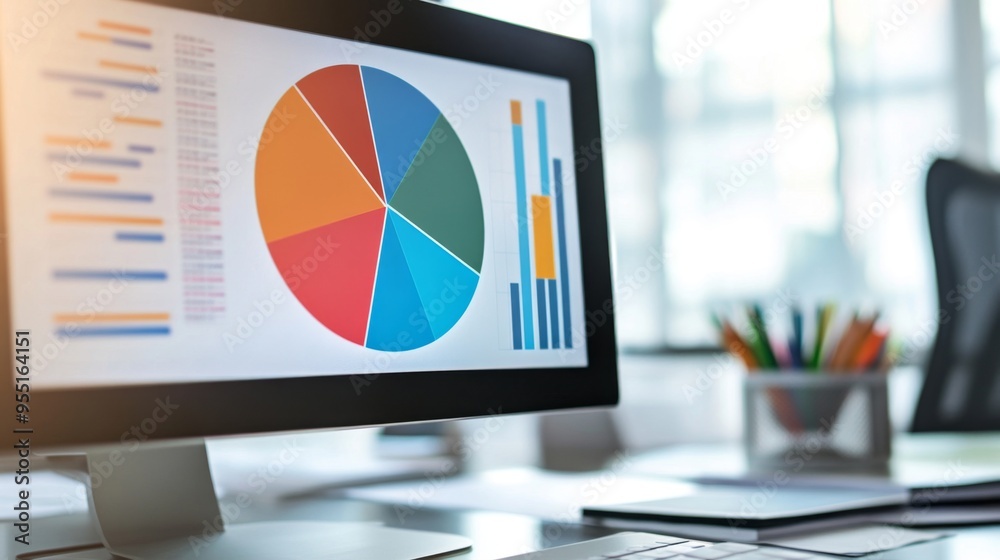 Fototapete a pie chart displayed on a computer screen in a modern office, with various data segments and percen