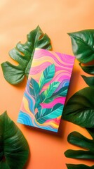 Obraz premium A colorful brochure mockup rests on a bright orange background, framed by lush tropical leaves, creating an eye-catching display