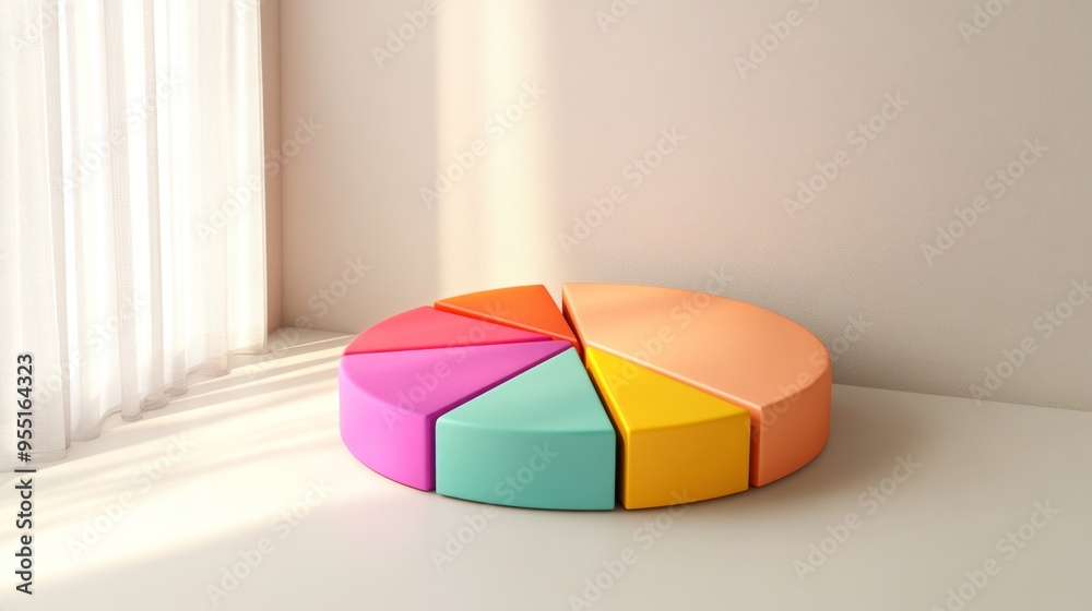 Fototapete A pie chart with a 3D effect, showing various segments in different colors, against a neutral background to emphasize depth and detail.