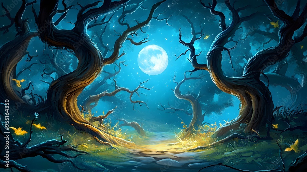 Poster enchanting moonlight forest path.