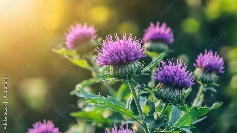 Wall mural Purple Thistle Flowers in Sunlight