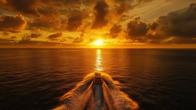 Aerial shot of a speedboat heading toward the horizon at sunset, with golden reflections on the water and a dramatic sky in the background.