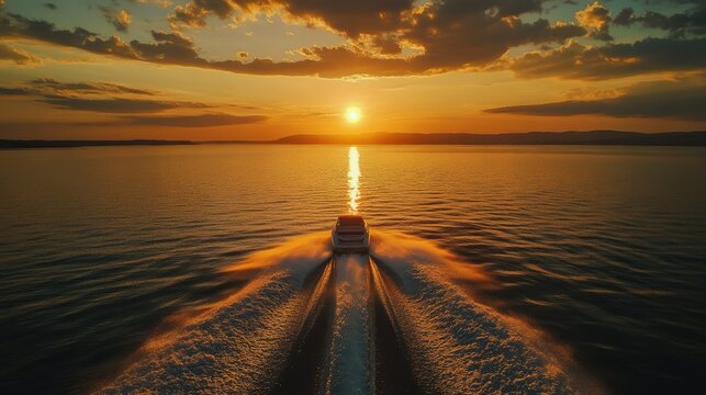 Aerial shot of a speedboat heading toward the horizon at sunset, with golden reflections on the water and a dramatic sky in the background.