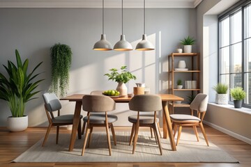 A charming dining space features a warm table setting, paired with comfortable chairs, a soft-hued hanging light, and