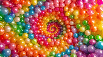 Fototapeta premium An overhead view of a colorful cluster of small, bright-colored plastic balls arranged in a spiral pattern.