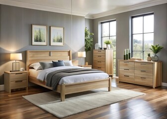 Fototapeta premium A chic bedroom features a streamlined bed upholstered in a plush fabric, paired with minimalist bedside tables and