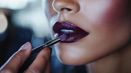 A makeup artist carefully applying a deep plum lipstick to a models lips, with a close-up focus on the artists hand and the lips.