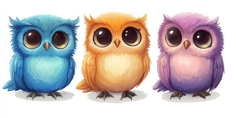 Fototapeta premium baby owls big eyes sticker white background cartoon woodland adorable small tiny playful fun child-friendly joyful pastel colors brown blue pink animated 