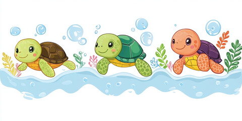 ocean adorable small tiny playful marine fun child-friendly joyful pastel colors green blue pink animated happy swimming pose water cheerful lively charming