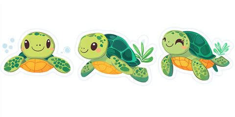 Obraz premium baby turtles swimming sticker white background cute kawaii colorful vibrant cartoon aquatic sea ocean adorable small tiny playful marine fun child-friendly joyful 
