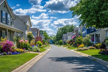 Naklejka premium Peaceful Suburban Street with American Flags. AI generated illustration
