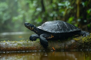 Black River Turtle Resting on a Mossy Log in a Tropical Forest