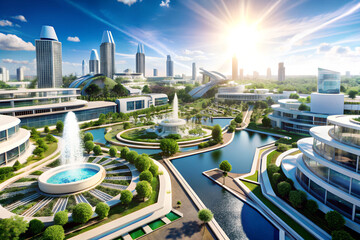 Futuristic green ecological city with gardens and fountains, sunlit, welcoming, aerial view