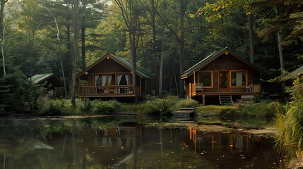 Fototapeta premium Three wooden cabins sit by a tranquil pond in a lush forest setting, with the reflection of the cabins visible in the water.