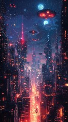 Obraz premium Futuristic cyberpunk cityscape with spaceships flying above at sunset