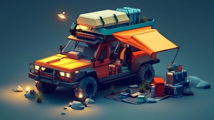 A high-tech car open back revealing a meticulously organized camping setup, Artistic Style: Isometric with clean lines, Light Setting: Overcast with soft, diffused light, Artistic Descriptive Terms: