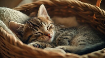 A sleepy kitten curled up in a cozy basket, with its paws tucked under its chin and eyes half-closed.