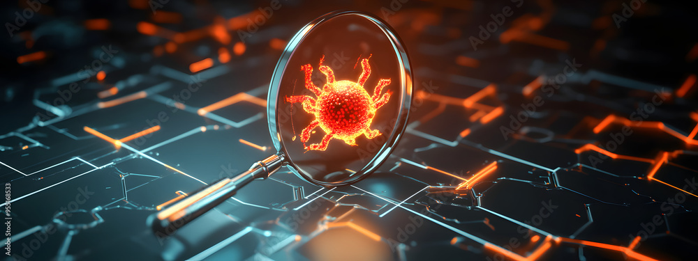 Poster malware bug in target with magnifier. scanning network vulnerability virus malware ransomware fraud 
