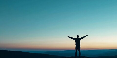 Fototapeta premium Silhouette of a Person at Sunset: Embracing Freedom and Repentance in a Majestic Mountain Landscape, with a Glowing Sky and Expansive Evening Shadow, Christian worship God in hope concept.