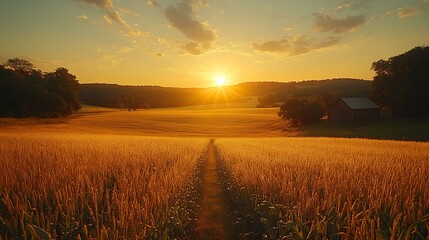 Obraz premium A tranquil scene of a cornfield bathed in the golden light of a setting sun, with long shadows stretching across the field. The sky is ablaze with warm hues, reflecting off the golden corn,