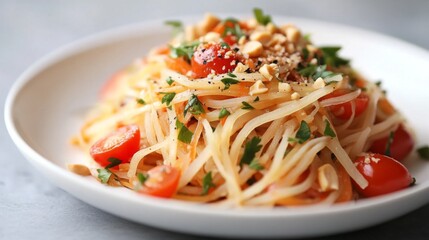 A plate of Som Tum (papaya salad) with shredded green papaya, cherry tomatoes, and peanuts, beautifully presented on a white dish.