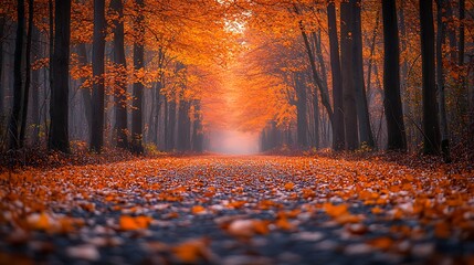 A vibrant autumn scene with a golden forest path, the ground covered in leaves and the trees displaying brilliant hues of orange and red. The sunlight enhances the colors,