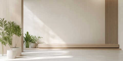 Fototapeta premium Bright and modern interior showcasing a minimalist space with plants and warm wood accents, perfect for relaxation or inspiration.