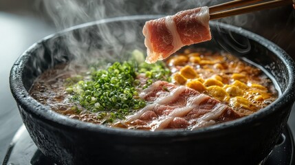 Culinary Delight: Raw Pork Dipped into Hot Pot with Simmering Broth