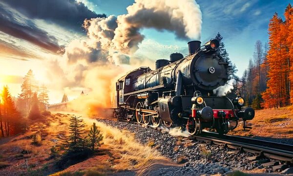 Steam locomotive chugging through a golden autumn landscape, emitting thick smoke as the train speeds along the tracks. Vintage transportation, nostalgic journey, scenic route. Generative AI