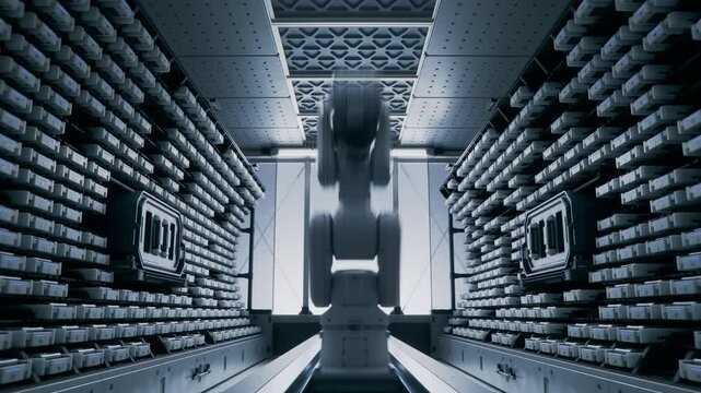 Time-Lapse of Working High Precision Industrial Robot Arm Inside Automated Enterprise Data Management and Storage Solution. Futuristic Storage and Handling Room with Robotic Arm at High-Tech Factory.