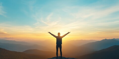 Happy man rise hand on morning view. Christian inspire praise God on good friday background. Now one man self confidence on peak open arms enjoying nature the sun concept world wisdom fun hope.