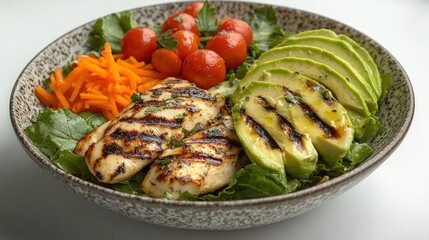 Grilled chicken with fresh veggies and avocado on a bed of greens