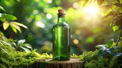 A close-up of a green glass bottle with a cork and label, positioned at a 45-degree angle, surrounded by lush greenery, softbox lighting, a realistic photo image.