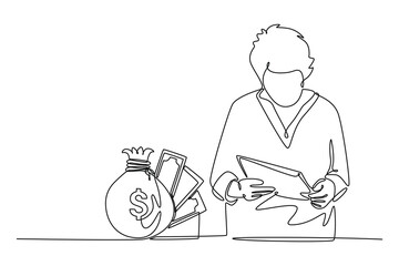 Continuous one line drawing management of finance concept. Doodle vector illustration.